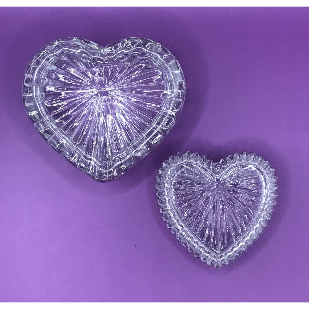2  Pressed Clesr Glass Heart Shape Sunburst Trinket Boxes  Vintage: Excellent
